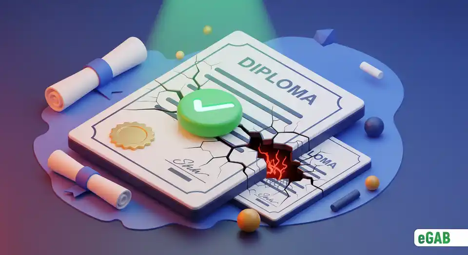 A 3D illustration of a PDF diploma with a green checkmark cracking to reveal a forgery, symbolizing PDF security flaws.