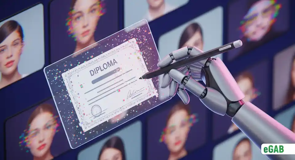 A robot hand using AI to create a fake diploma, representing how deepfakes and generative AI accelerate academic fraud.
