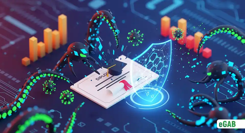 A 3D illustration of a digital diploma being attacked by AI viruses and protected by a blockchain shield, representing 2025 diploma forgery trends.