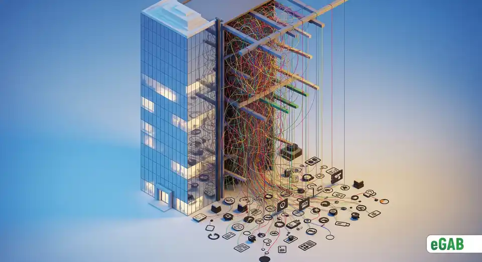 A 3D illustration of a corporate building with a hidden network of puppet strings controlling fake universities, symbolizing the Axact corporate structure.