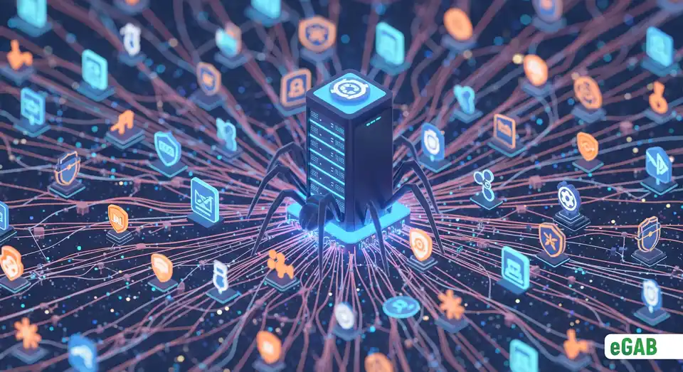 A 3D infographic of a digital spider web with icons of fake universities and schools, depicting Axact's vast organizational network.