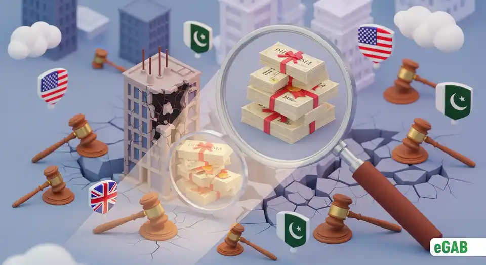 A magnifying glass exposing a fraudulent company, with gavels and police shields emerging, representing the Axact investigation and legal fallout.