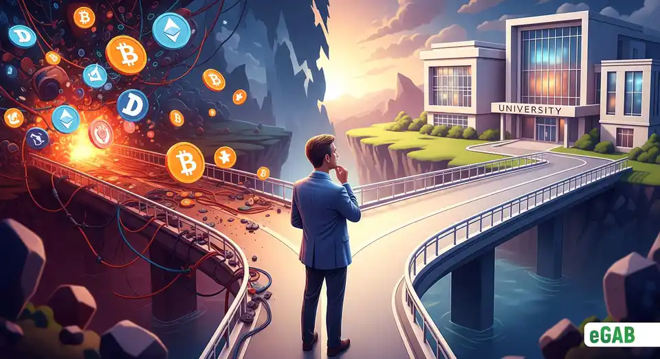 A visual metaphor showing the choice between a chaotic, risky public blockchain and a clean, secure, specialized blockchain for academic credentials.