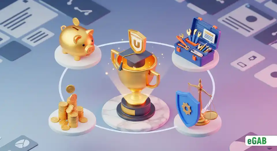 A visual summary of why a specialized blockchain wins, showing icons for cost, a turnkey ecosystem, and legal compliance around a trophy.