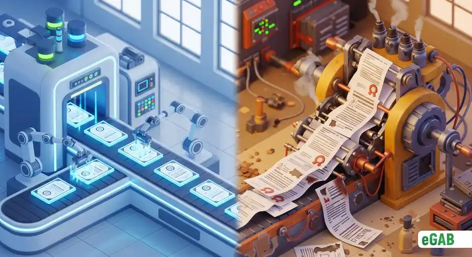 A side-by-side comparison showing an efficient specialized blockchain versus a complex general-purpose blockchain for issuing credentials.