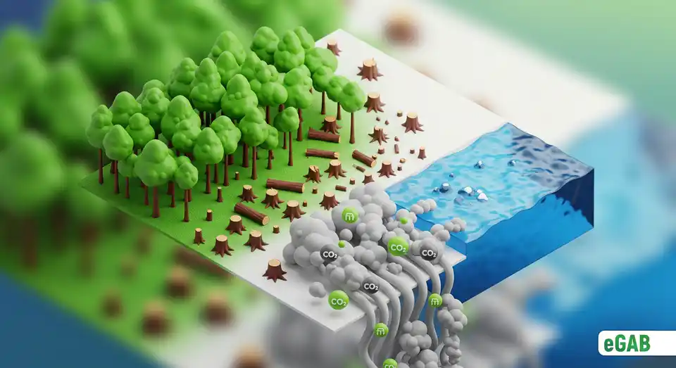 The lifecycle of a piece of paper showing deforestation, water consumption, and emissions, illustrating its environmental impact.