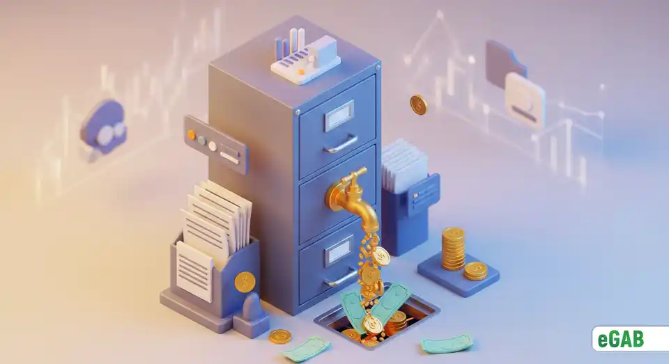 A filing cabinet with a tap pouring out money, illustrating the high hidden costs and economic inefficiency of paper documents.