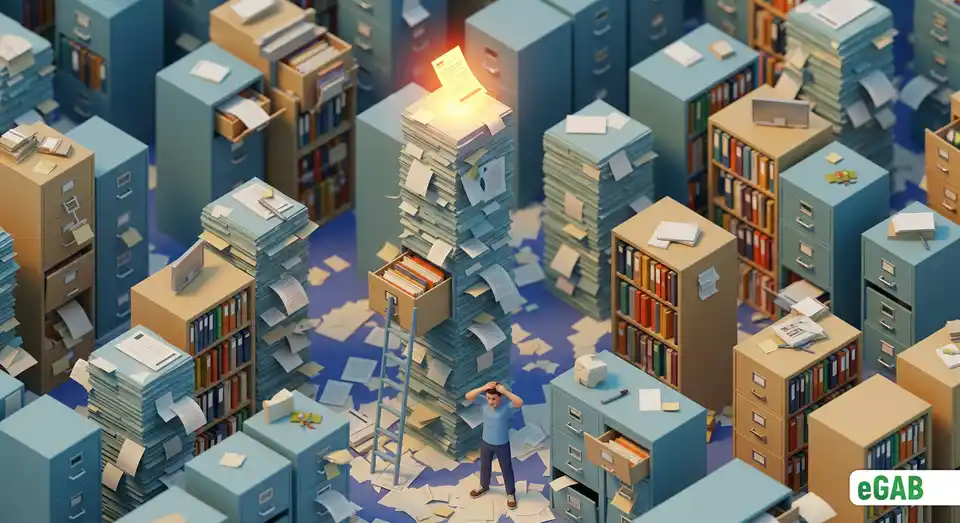 A person lost in a labyrinth of paper files, symbolizing the organizational chaos caused by inconsistent filing systems.