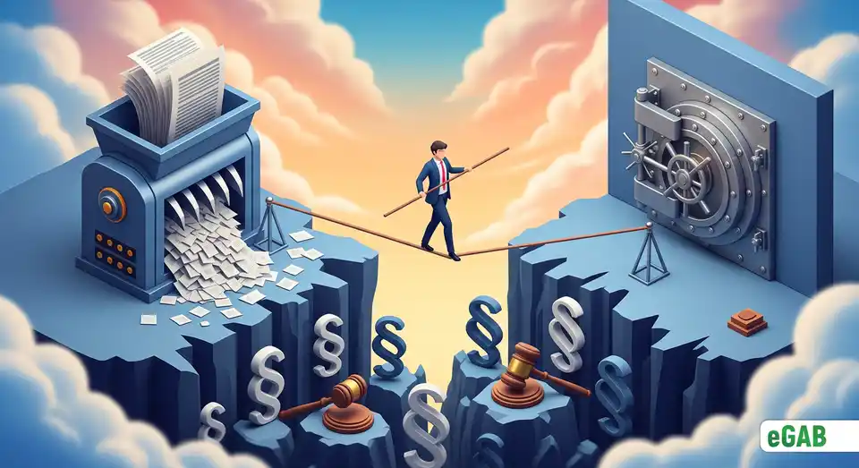 A person on a tightrope between a shredder and a vault, symbolizing the complex legal and compliance challenges of paper archives.