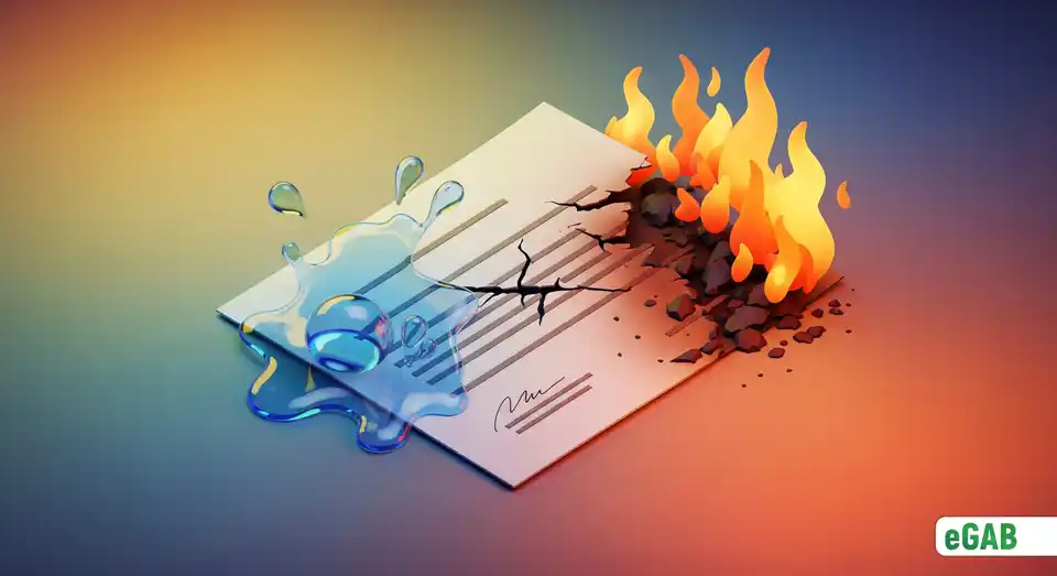 A vital paper document being destroyed by fire and water, symbolizing its susceptibility to damage and permanent loss.