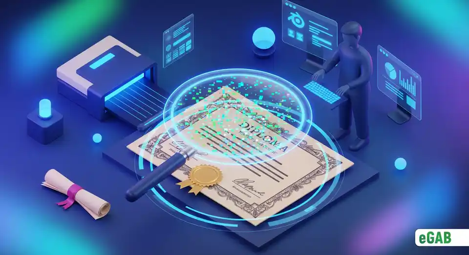 A 3D illustration showing a paper diploma under a magnifying glass revealing digital pixels, symbolizing the vulnerability of paper to forgery.