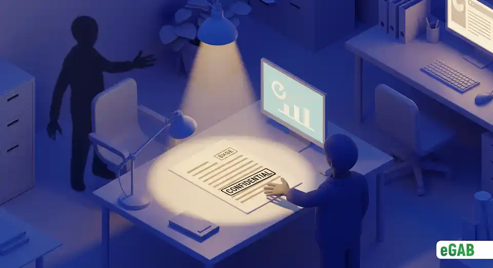 A shadowy figure reaching for a confidential paper document on a desk, symbolizing data security vulnerabilities and risks.