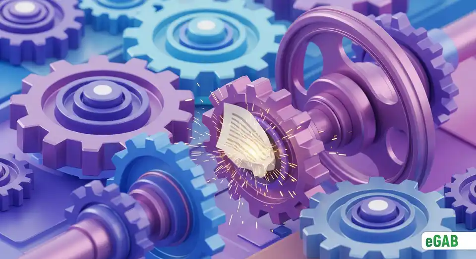 A paper document jamming a set of digital gears, illustrating how paper-based processes disrupt automated workflows.