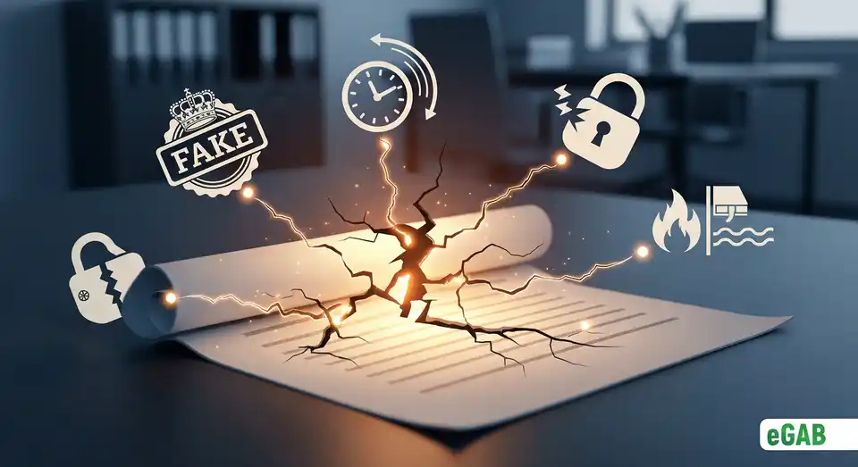 An infographic showing a cracking paper document with icons representing its many problems, such as forgery, inefficiency, and security risks.