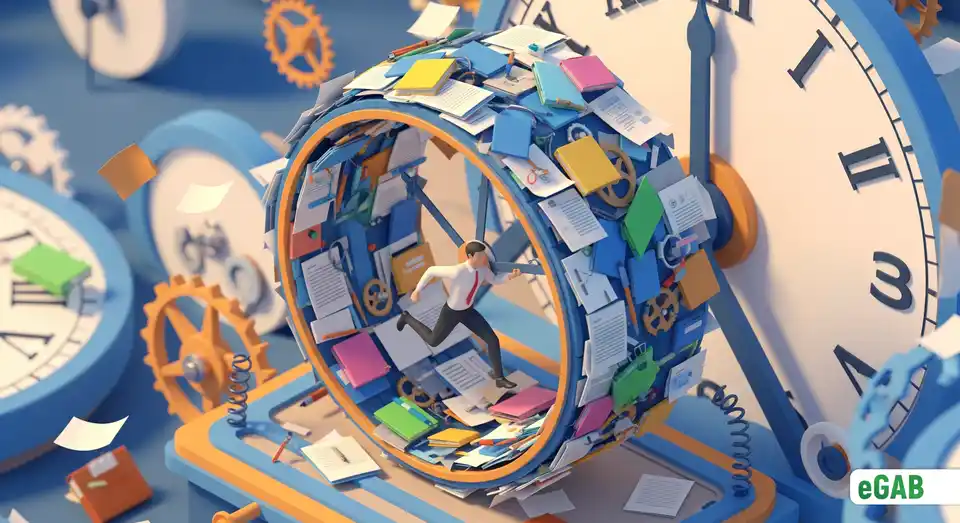 An office worker in a hamster wheel made of paper inside a clock, symbolizing wasted time and productivity loss from paperwork.