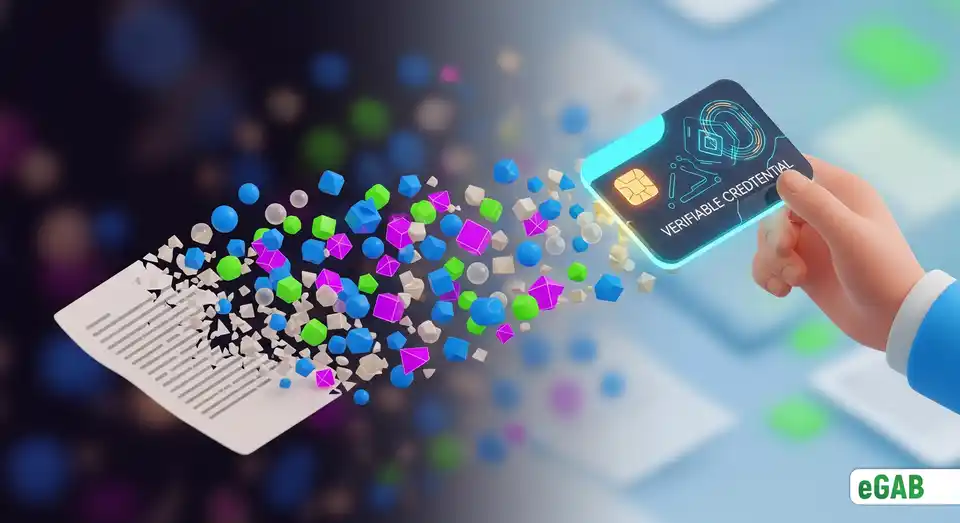 A paper document dissolving and reforming into a secure digital credential, summarizing the transition from paper to a verifiable future.