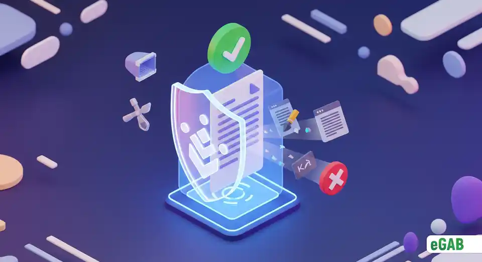 A digital document protected by a blockchain shield, making forgery technically impossible through cryptographic security.