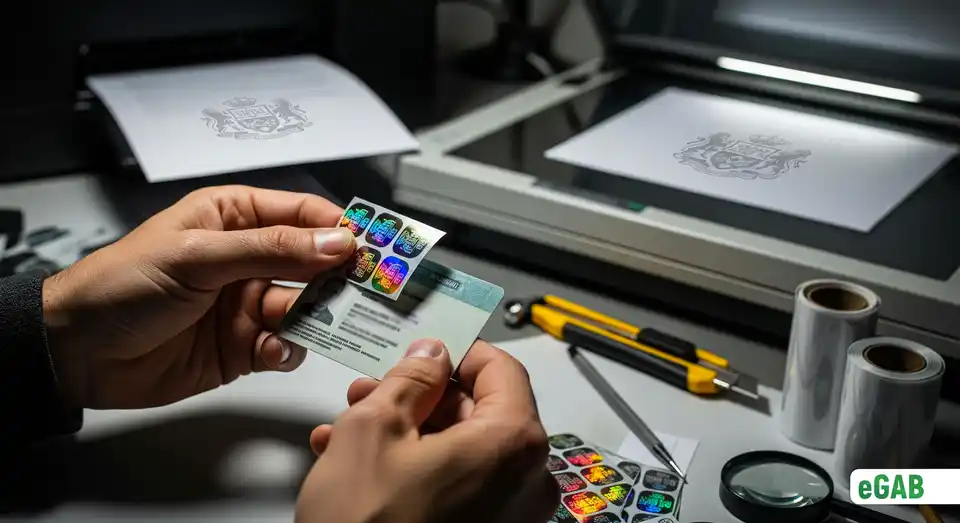 A forger easily applying a fake hologram to an ID, showing how common document security features are defeated.