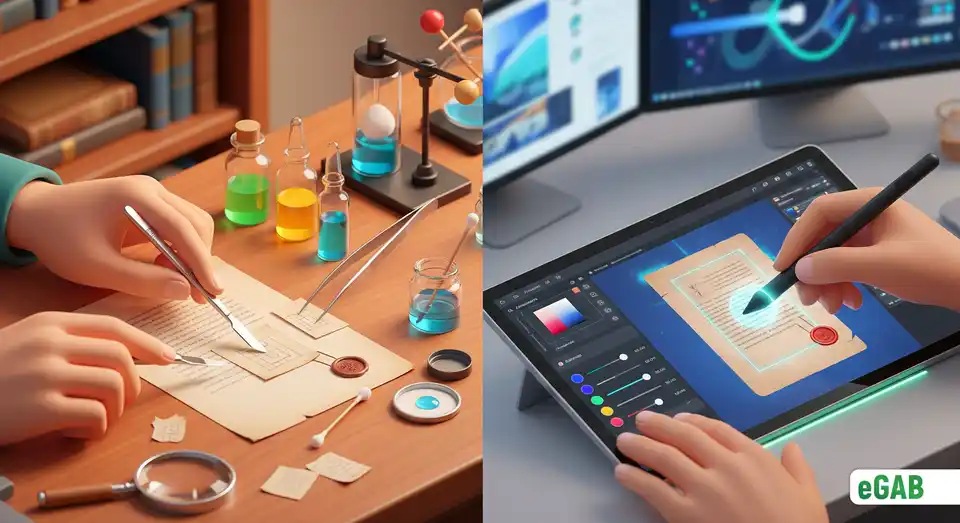 A comparison of physical and digital forgery tools altering a document, representing the modern forger's toolkit.
