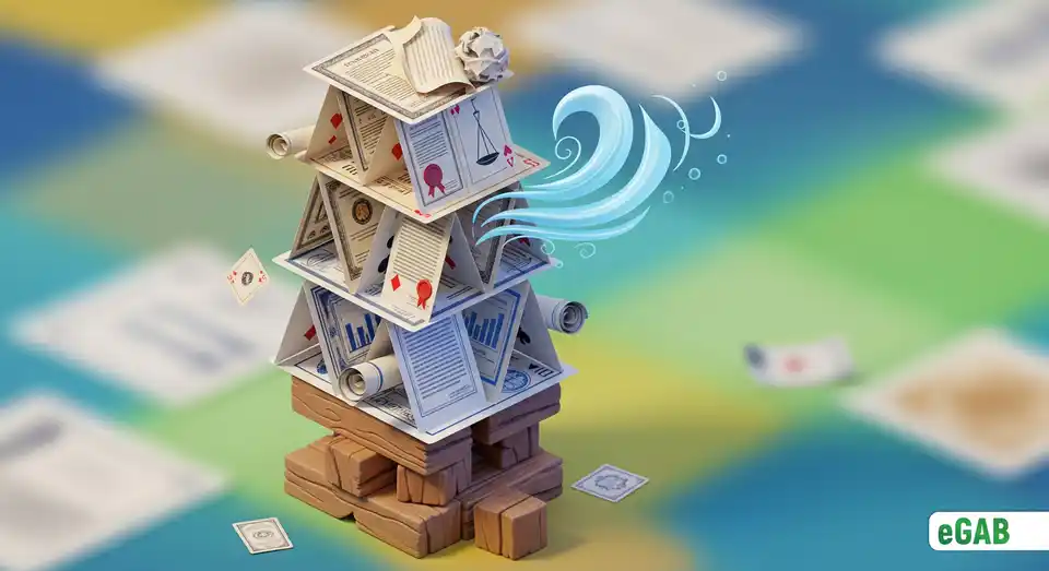 A house of cards made of paper documents about to collapse, illustrating the foundational flaws of paper-based security.
