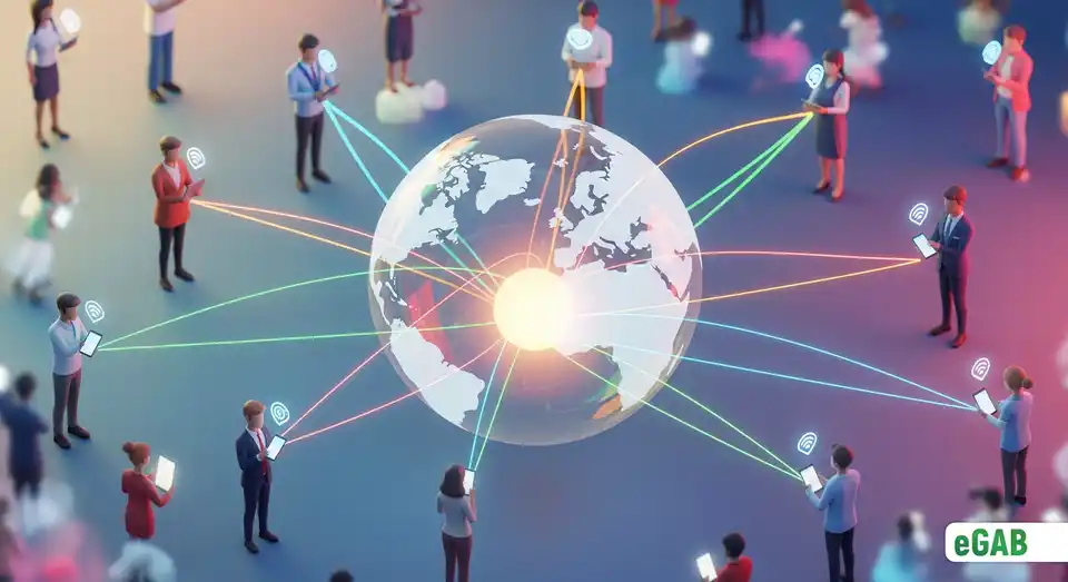 A global network of people using standardized digital credentials, illustrating a universal standard for instant verification.