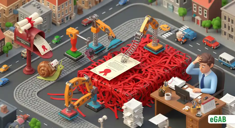 An overly complex machine illustrating the slow and inefficient traditional process for international degree verification.