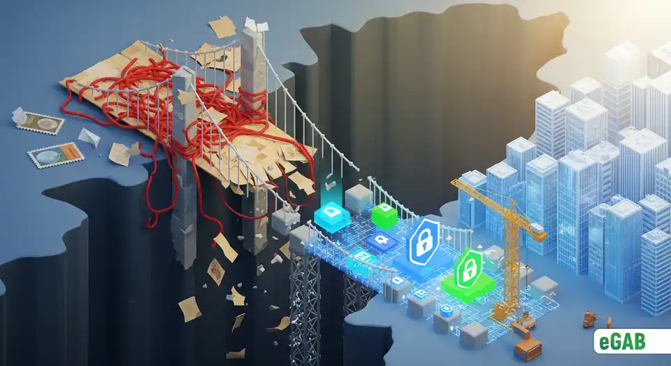 A collapsing paper bridge contrasted with a new, secure digital bridge, summarizing the shift from a broken verification system to a trusted future.