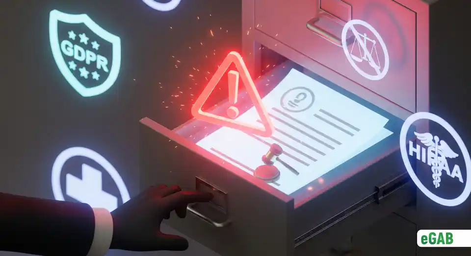 A hand reaching into a filing cabinet, exposing a document with a warning symbol, representing compliance and legal risks like data breaches.