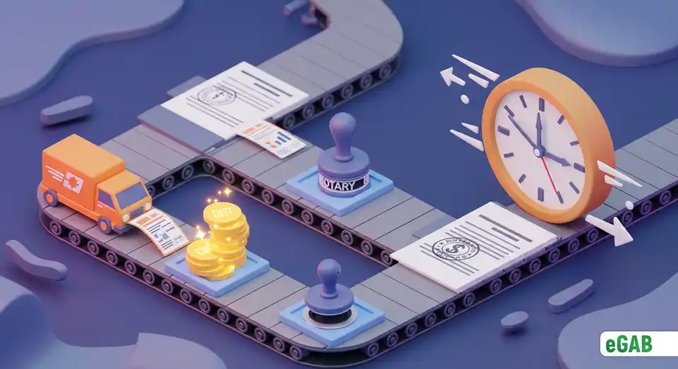 A paper document on a conveyor belt collecting icons of costs like shipping and notary fees, symbolizing hidden transport expenses.