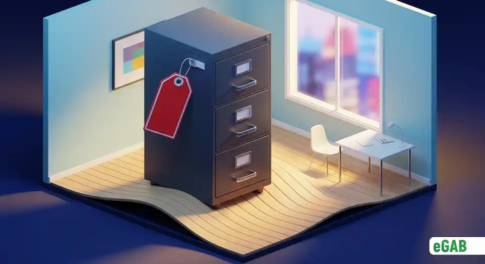An oversized filing cabinet with a price tag dominating an office space, illustrating the heavy financial burden of physical document storage.