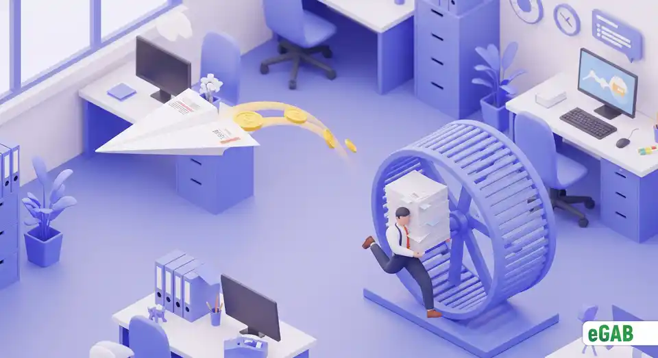 An employee on a hamster wheel with a paper airplane dropping coins, symbolizing the hidden expenses and inefficiency of document shipping.