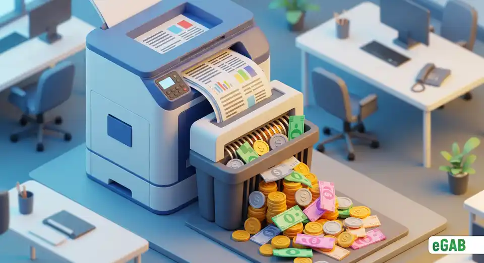 A 3D illustration of a printer shredding documents directly into a pile of money, visualizing the high material and production costs of paper.