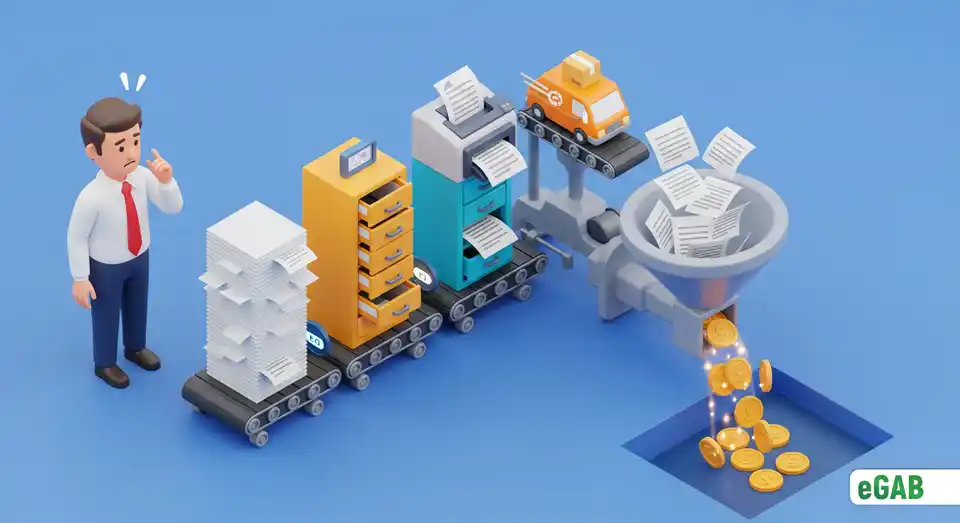 A 3D infographic illustrating the hidden expenses of a paper document workflow, showing paper turning into a financial drain for a business.