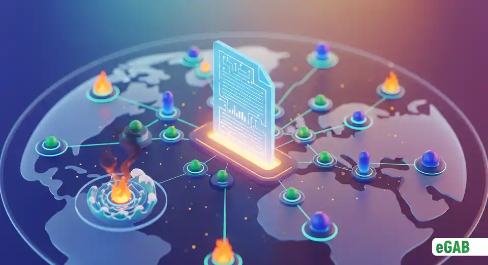 A digital document protected by a decentralized global network, showing its immunity to a localized fire and flood disaster.