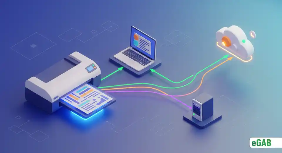 A visual representation of the 3-2-1 backup rule showing a document copied to a laptop, an external drive, and the cloud.