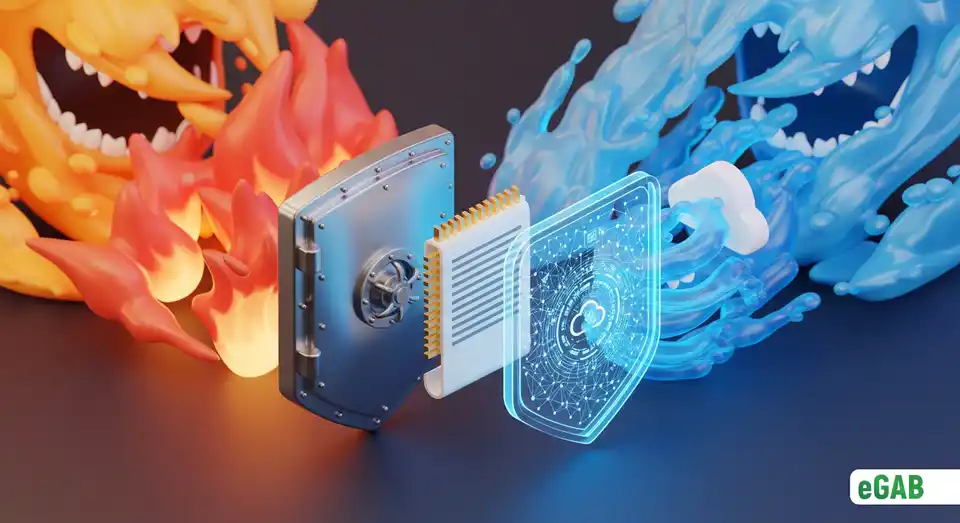 A document protected by both physical and digital shields from fire and flood, symbolizing a disaster-proof storage strategy.
