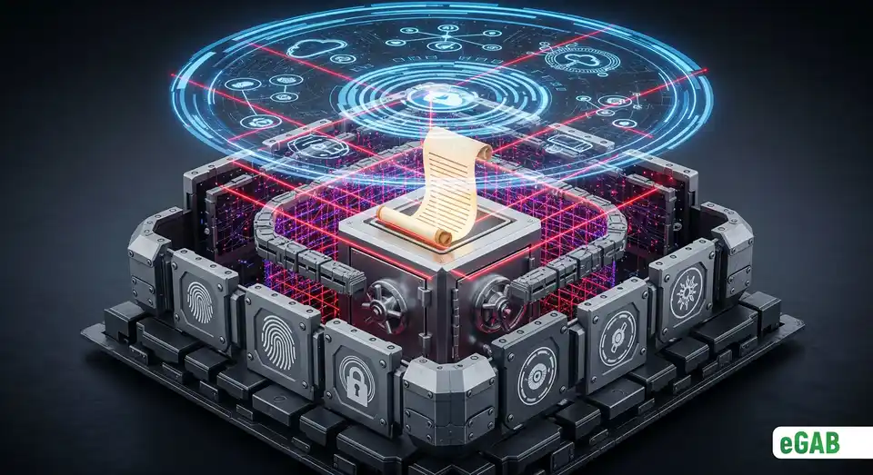 A document protected by layered physical and digital shields, symbolizing an invincible document fortress strategy.