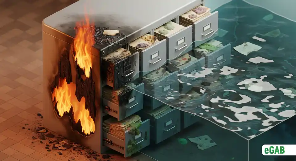A filing cabinet damaged by both fire and water, symbolizing the high risks to unprotected paper documents.