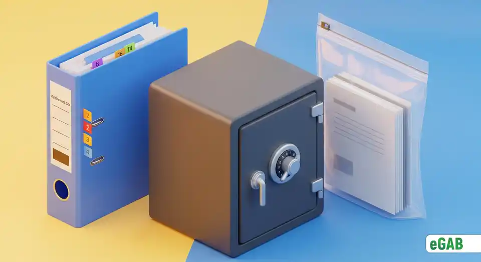 An array of physical document safeguards including a fireproof safe, a waterproof bag, and a grab-and-go binder.