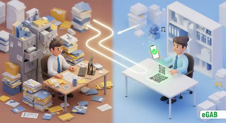 A before-and-after scene showing the transition from chaotic paperwork to efficient, automated digital verification with a QR code.