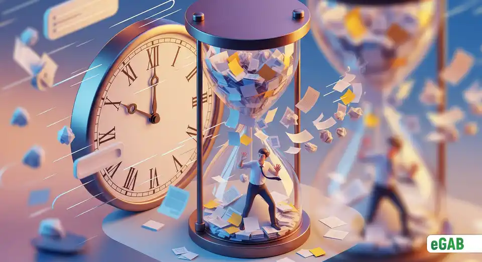 A 3D illustration of an office worker trapped in an hourglass filled with paper, representing time wasted on paperwork and lost productivity.