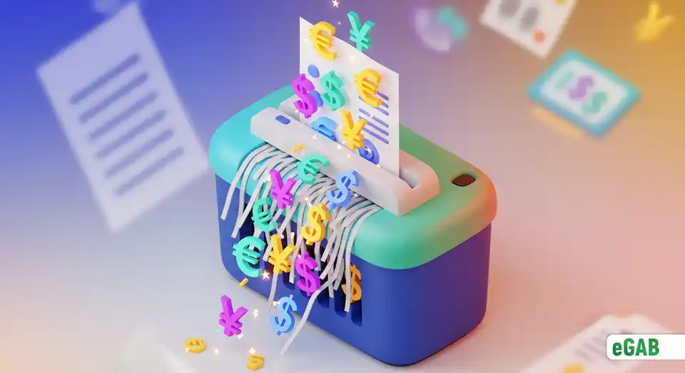 A 3D render of a paper shredder turning documents into currency symbols and then shredding them, illustrating the financial impact of lost files.