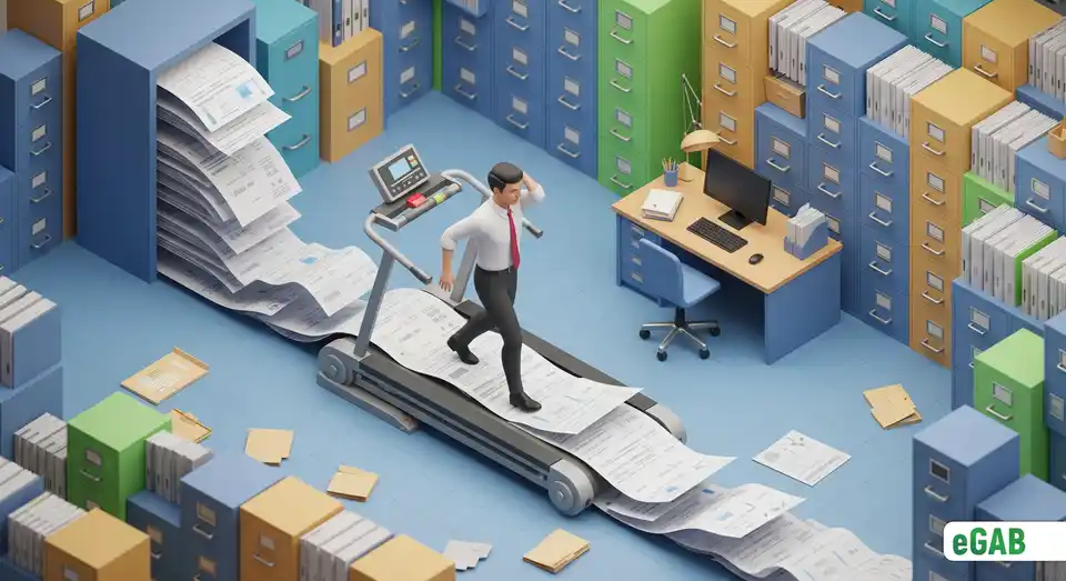 An employee on a treadmill of paper, representing the daily efficiency drain from routine filing and document storage.
