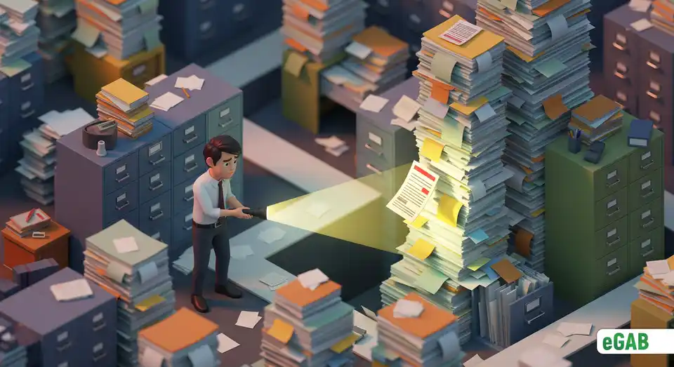 An employee searching through a chaotic maze of paper files, symbolizing the productivity loss from searching for documents.