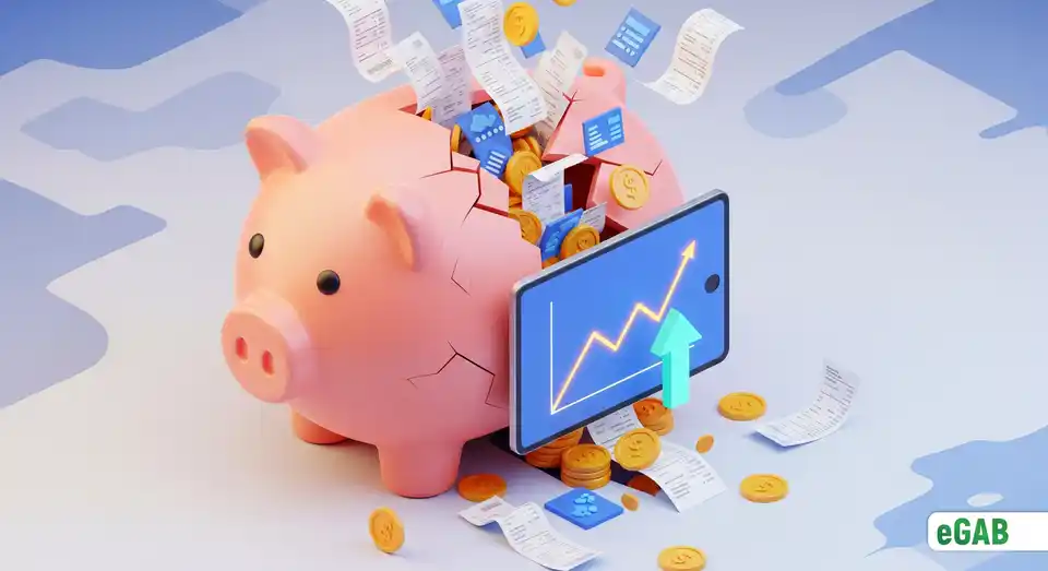 A digital tablet sealing a crack in a leaking piggy bank, summarizing how digital transformation stops the hidden financial costs of paperwork.