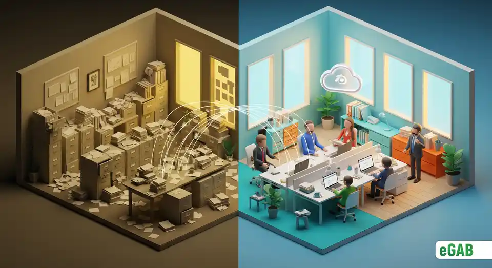 A transformation from a paper-cluttered office to a spacious digital workspace, showing how technology eliminates the storage footprint.