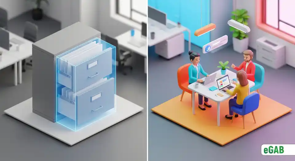 A visual comparison of the office space consumed by a filing cabinet versus a productive collaboration area for employees.