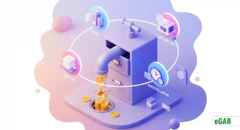 A summary image of a filing cabinet as a leaky faucet dripping money, symbolizing the total financial drain of paper storage.