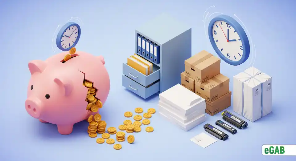 A piggy bank draining money to pay for filing cabinets and supplies, illustrating the hidden costs of managing paper files.