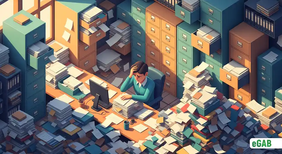 An overwhelmed office worker drowning in a sea of paper, illustrating the high real estate cost of document storage.